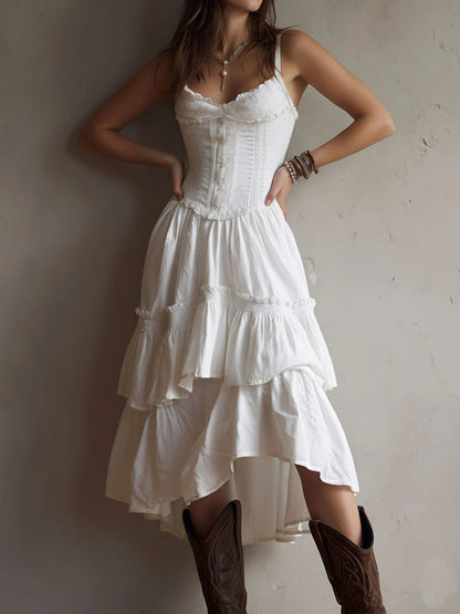 white renee Corset Tiered Midi Dress With Lace-Trim