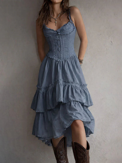 white renee Corset Tiered Midi Dress With Lace-Trim