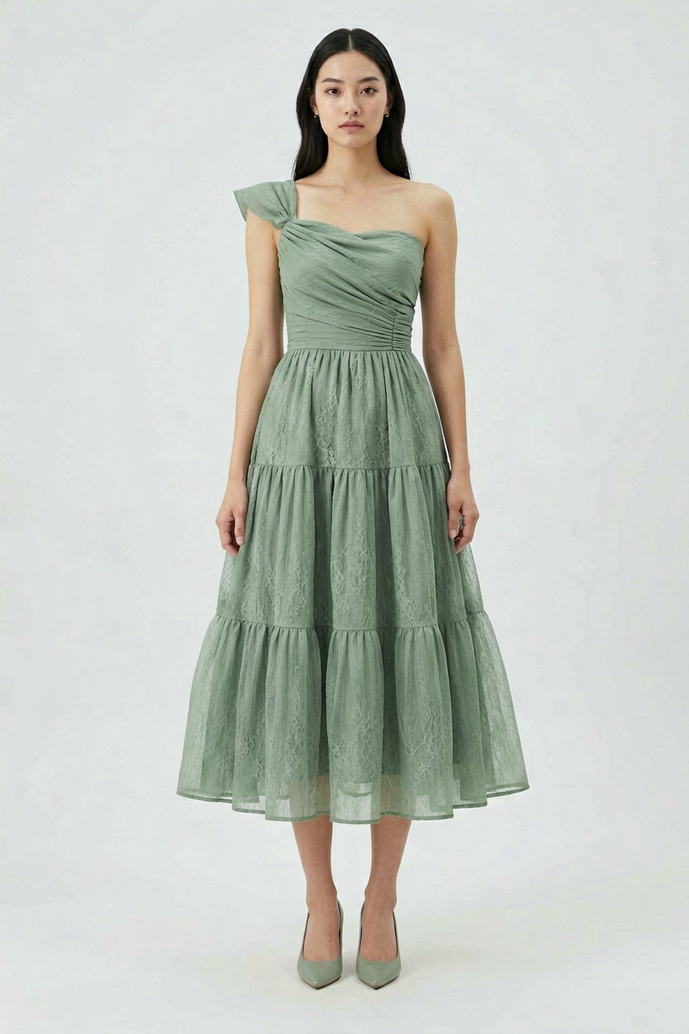 One-Shoulder Tiered Midi Dress in Sage Green cobalt accent matte satin or fine cotton sateen Blouse - product view 1