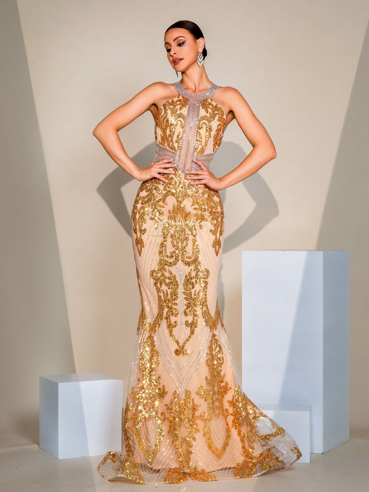 Halter Backless Gold Sequin Mermaid Dress