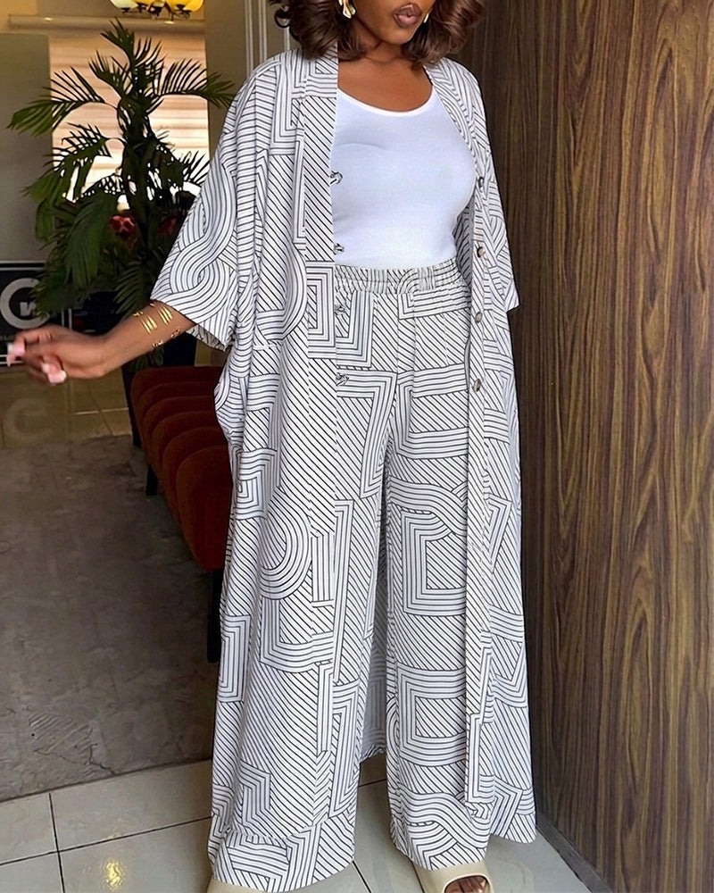 Women's Geometric Print 2 Piece Outfits Batwing Sleeve Loose Longline Coat and High Waisted Wide Leg Pants Set