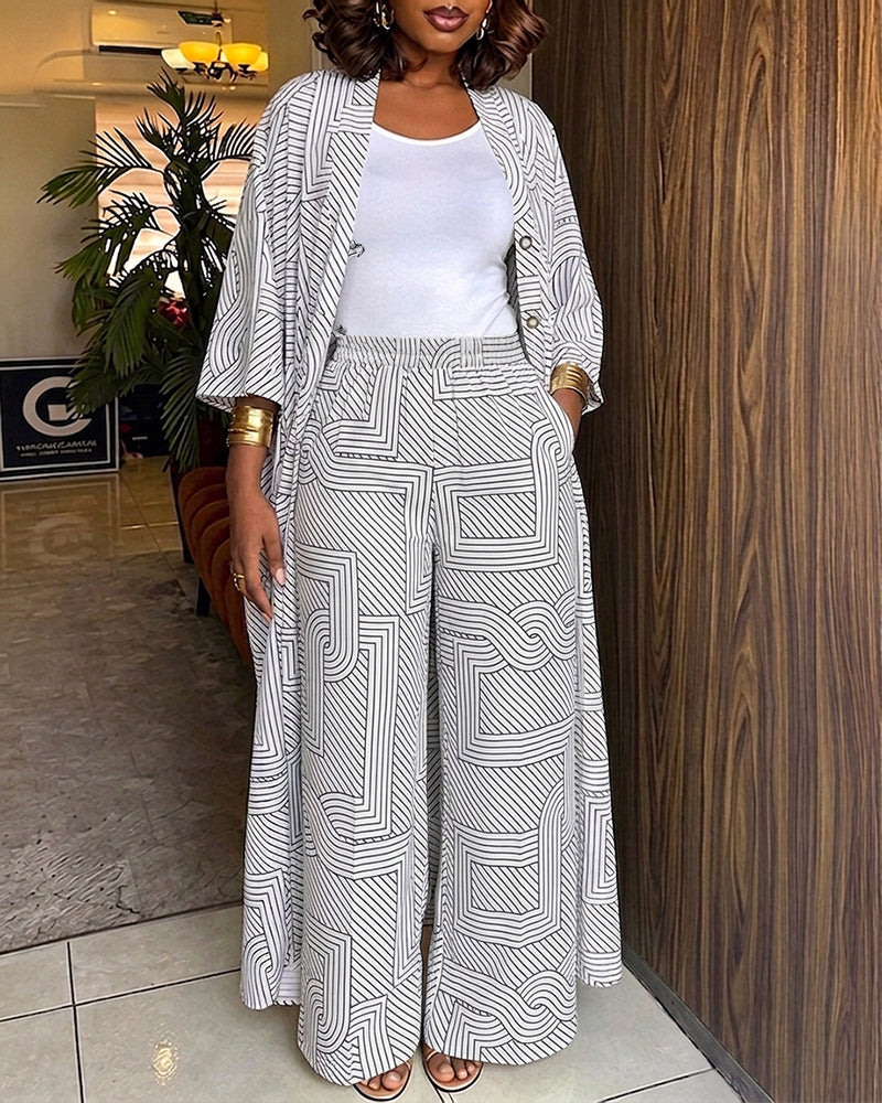 Women's Geometric Print 2 Piece Outfits Batwing Sleeve Loose Longline Coat and High Waisted Wide Leg Pants Set