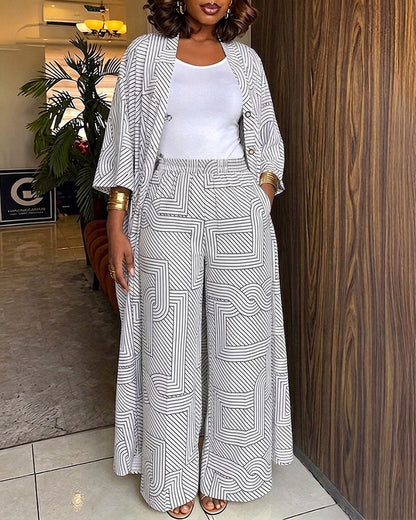 Women's Geometric Print 2 Piece Outfits Batwing Sleeve Loose Longline Coat and High Waisted Wide Leg Pants Set