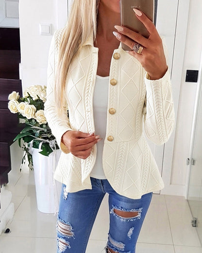 Women's Argyle Cable Knit Jacket Elegant Lapel Collar Gold Button Down Cardigan Ruffle Hem Long Sleeve Coat