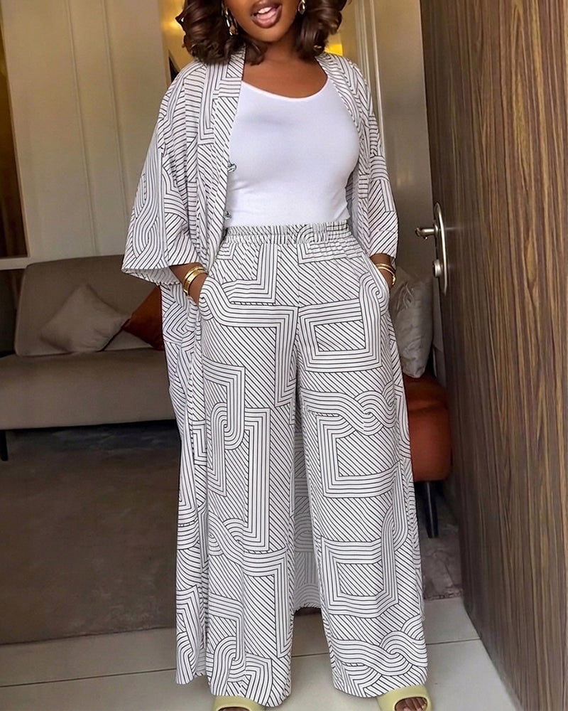 Women's Geometric Print 2 Piece Outfits Batwing Sleeve Loose Longline Coat and High Waisted Wide Leg Pants Set