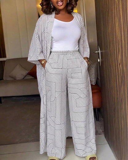 Women's Geometric Print 2 Piece Outfits Batwing Sleeve Loose Longline Coat and High Waisted Wide Leg Pants Set