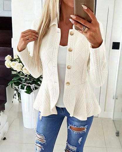 Women's Argyle Cable Knit Jacket Elegant Lapel Collar Gold Button Down Cardigan Ruffle Hem Long Sleeve Coat