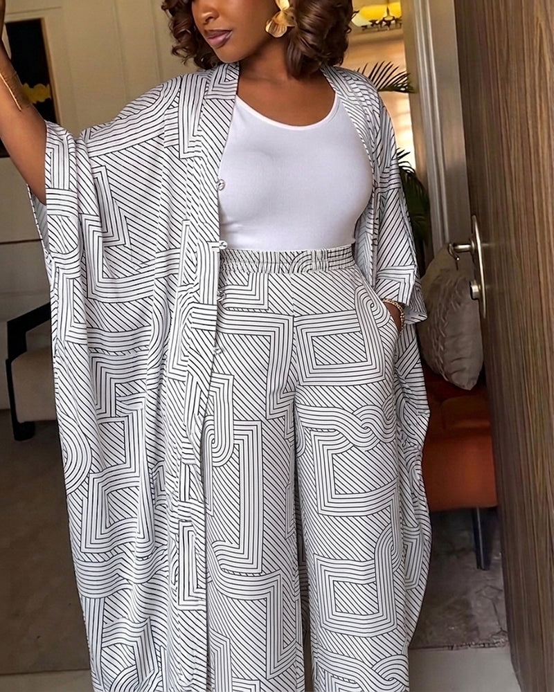 Women's Geometric Print 2 Piece Outfits Batwing Sleeve Loose Longline Coat and High Waisted Wide Leg Pants Set