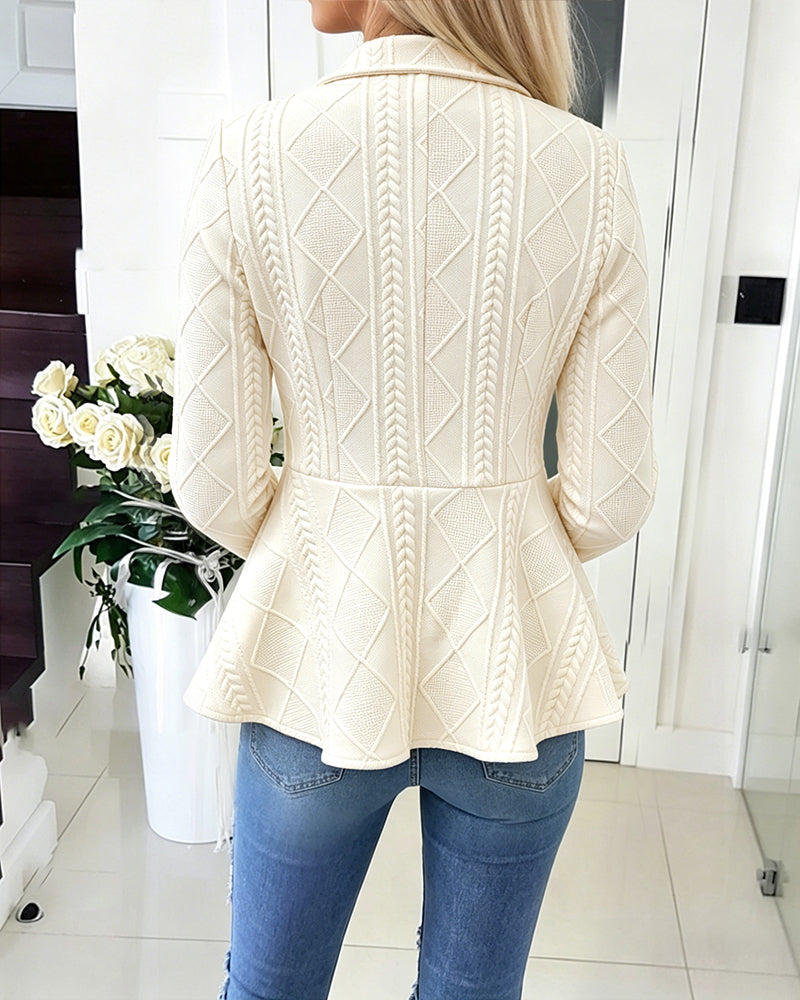 Women's Argyle Cable Knit Jacket Elegant Lapel Collar Gold Button Down Cardigan Ruffle Hem Long Sleeve Coat