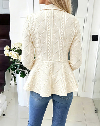 Women's Argyle Cable Knit Jacket Elegant Lapel Collar Gold Button Down Cardigan Ruffle Hem Long Sleeve Coat