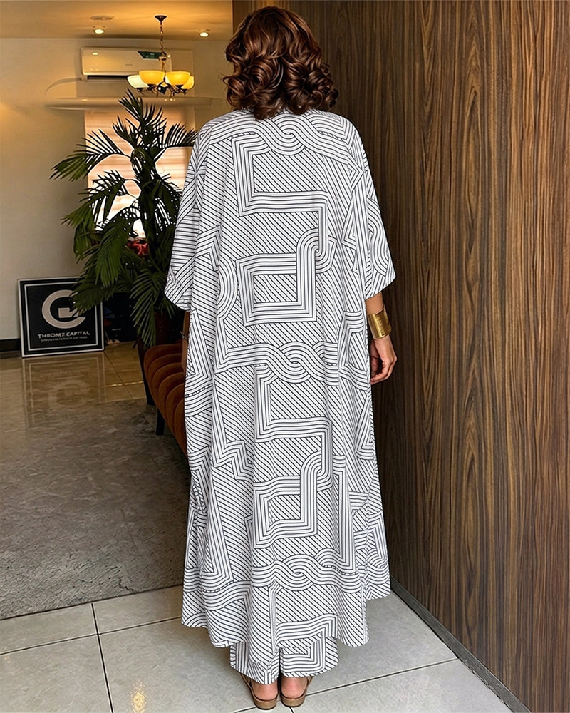Women's Geometric Print 2 Piece Outfits Batwing Sleeve Loose Longline Coat and High Waisted Wide Leg Pants Set