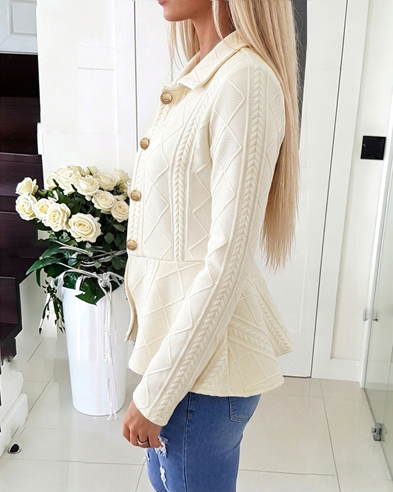 Women's Argyle Cable Knit Jacket Elegant Lapel Collar Gold Button Down Cardigan Ruffle Hem Long Sleeve Coat