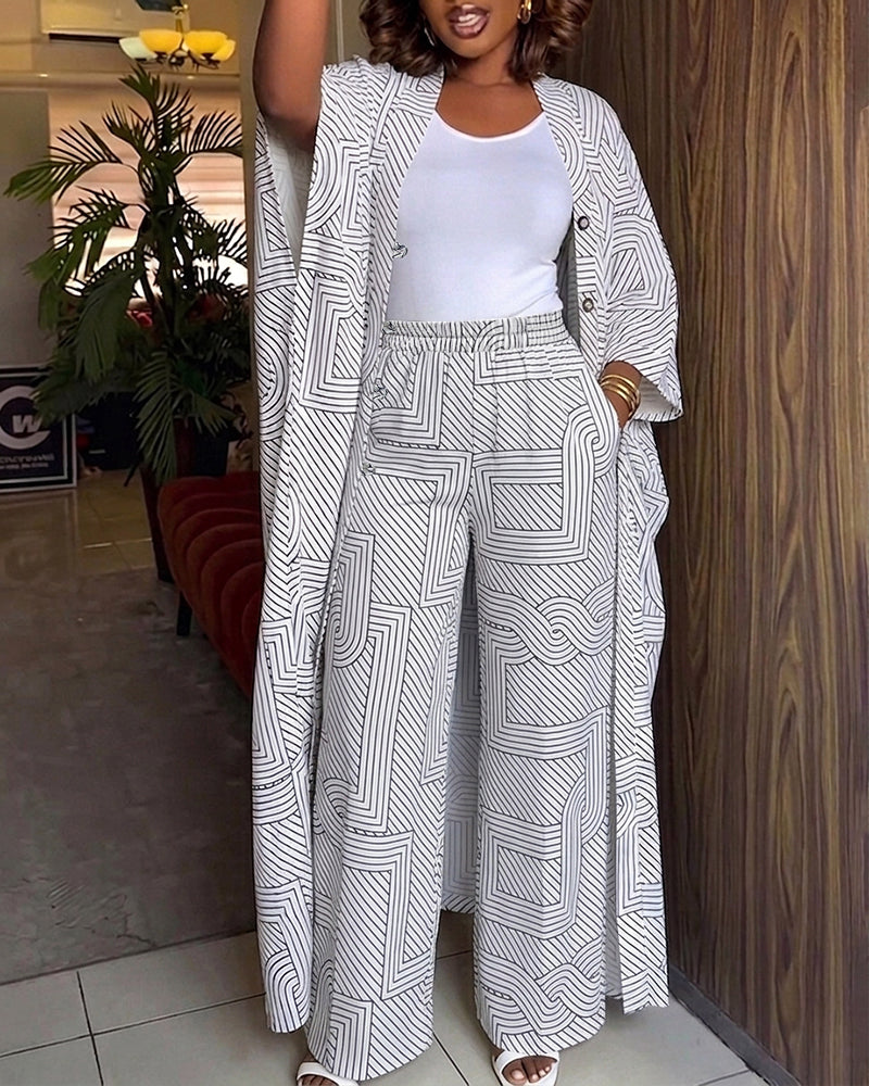 Women's Geometric Print 2 Piece Outfits Batwing Sleeve Loose Longline Coat and High Waisted Wide Leg Pants Set