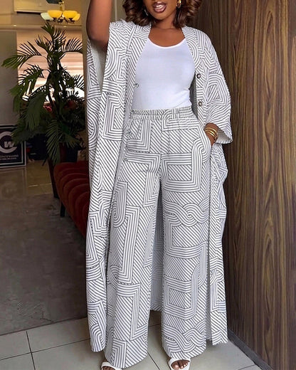 Women's Geometric Print 2 Piece Outfits Batwing Sleeve Loose Longline Coat and High Waisted Wide Leg Pants Set