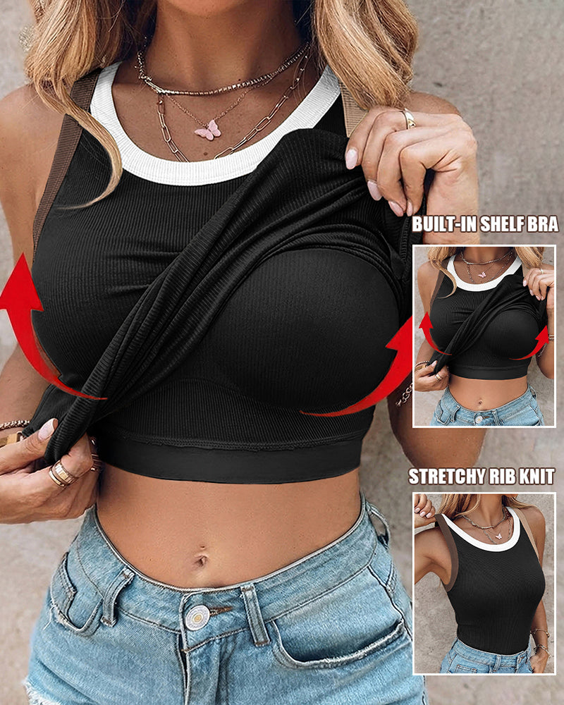Ribbed Knit Sleeveless Scoop Neck Slim Fit Camisole Top with Built-in Bra