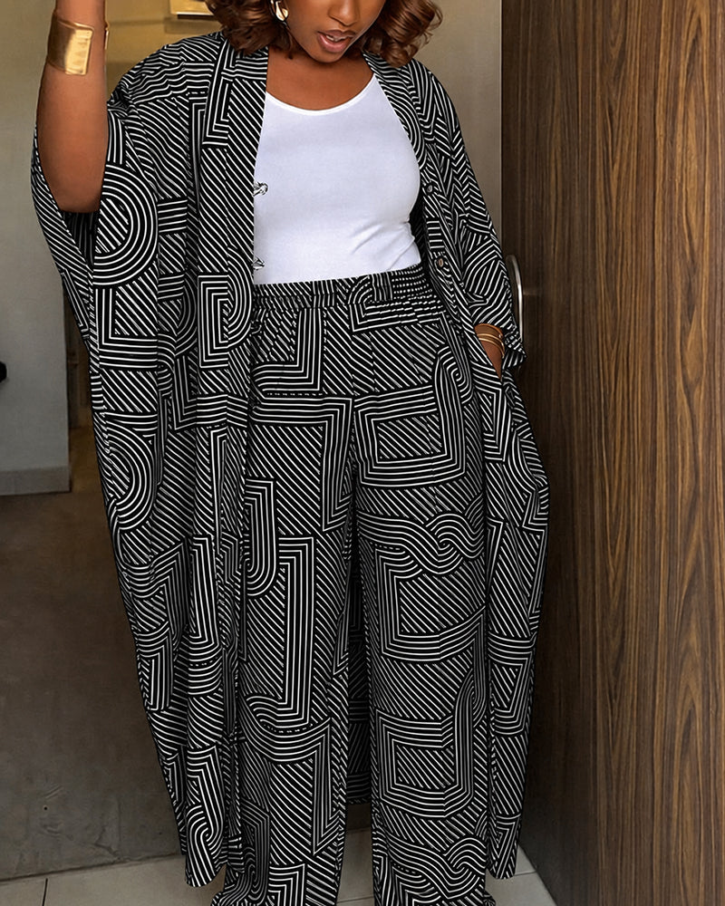 Women's Geometric Print 2 Piece Outfits Batwing Sleeve Loose Longline Coat and High Waisted Wide Leg Pants Set