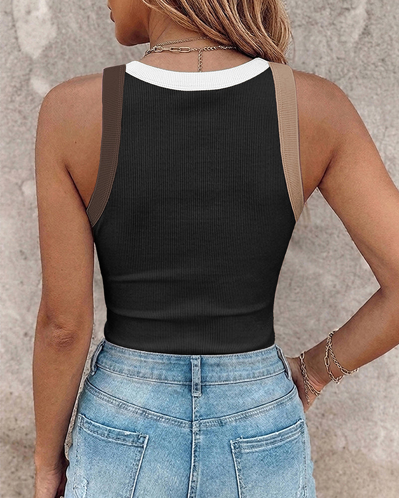 Ribbed Knit Sleeveless Scoop Neck Slim Fit Camisole Top with Built-in Bra