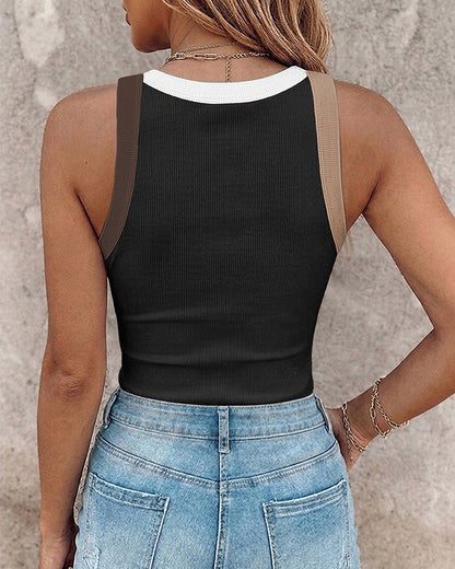 Ribbed Knit Sleeveless Scoop Neck Slim Fit Camisole Top with Built-in Bra