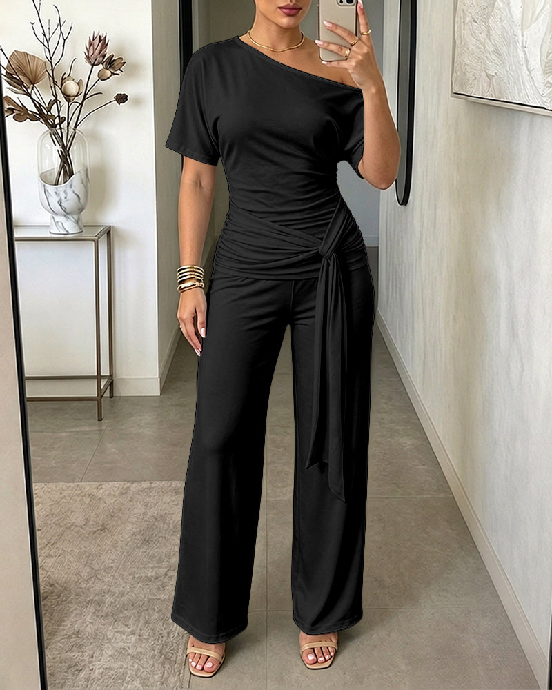 Women's Skew Neck 2 Piece Outfits Ruched Tie Waist Short Sleeve Top and High Waisted Wide Leg Pants Lounge Set