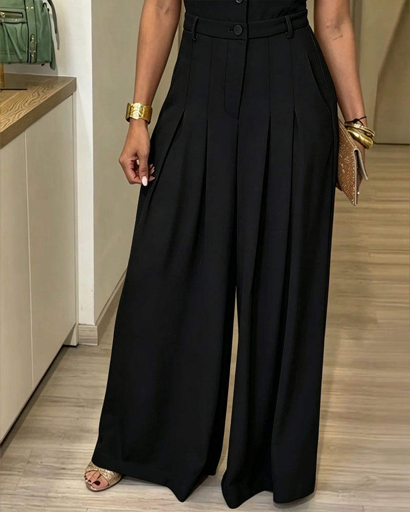Women's Lapel V Neck Jumpsuit Cap Sleeve High Waisted Wide Leg Overalls Elegant Suit Jumpsuit