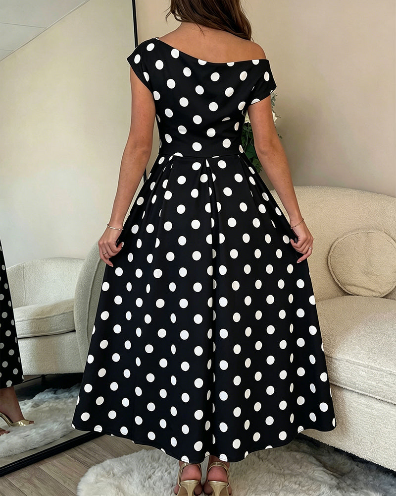 Women's Skew Neck Polka Dot Maxi Dress Ruched A-Line Swing Dress Elegant Party Cocktail Dress with Pockets