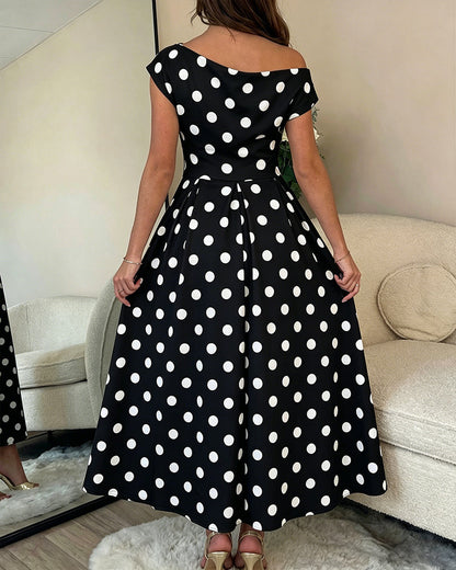 Women's Skew Neck Polka Dot Maxi Dress Ruched A-Line Swing Dress Elegant Party Cocktail Dress with Pockets