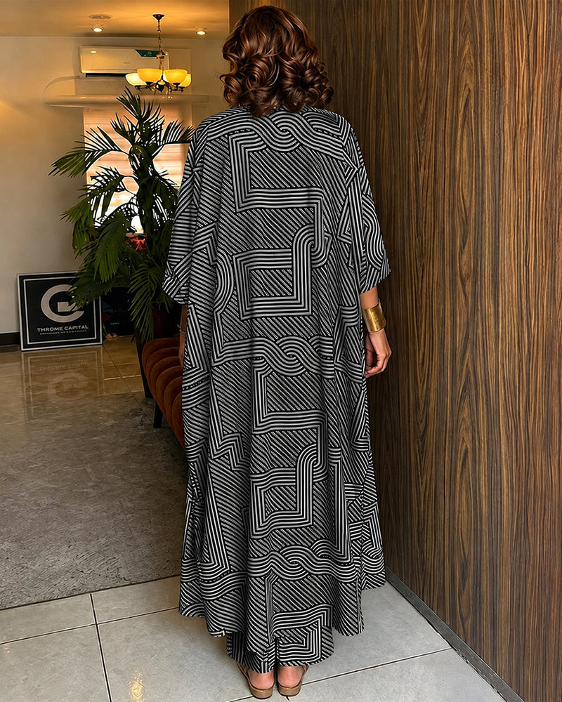 Women's Geometric Print 2 Piece Outfits Batwing Sleeve Loose Longline Coat and High Waisted Wide Leg Pants Set