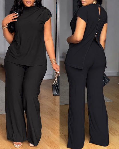 Women's 2 Piece Set Mock Neck Ruched Open Back Button Slit Top and Wide Leg Pants Casual Outfits with Pockets