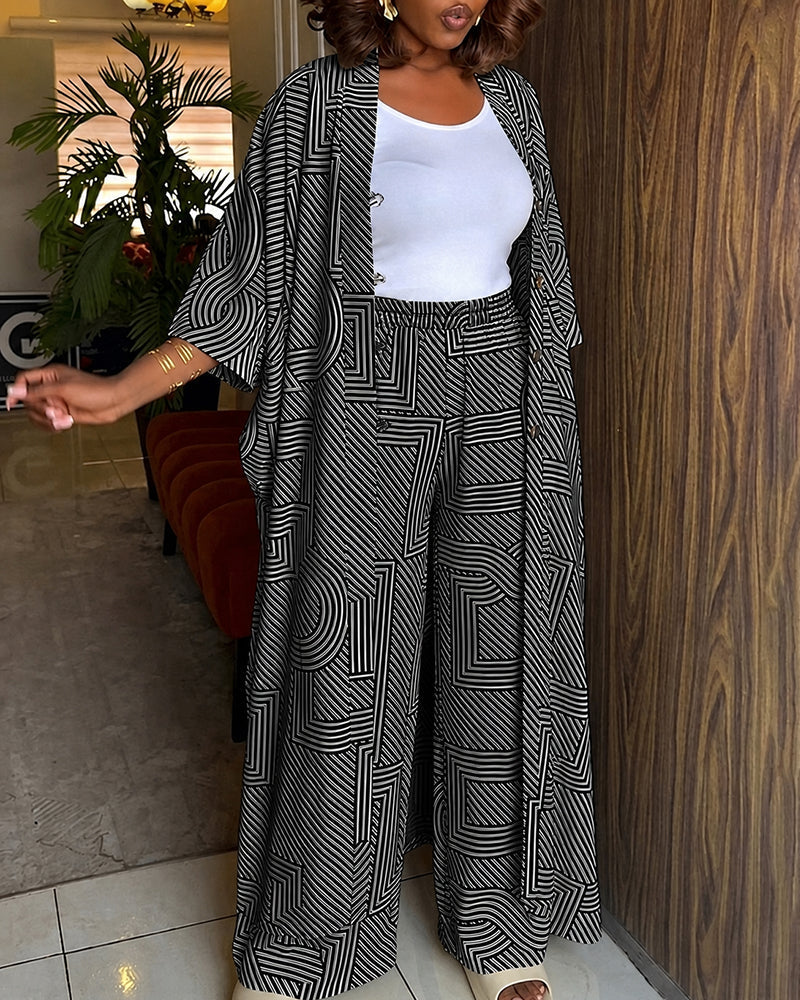 Women's Geometric Print 2 Piece Outfits Batwing Sleeve Loose Longline Coat and High Waisted Wide Leg Pants Set