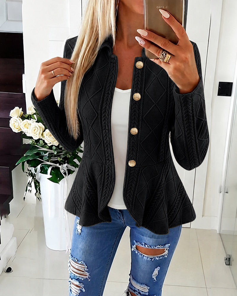 Women's Argyle Cable Knit Jacket Elegant Lapel Collar Gold Button Down Cardigan Ruffle Hem Long Sleeve Coat