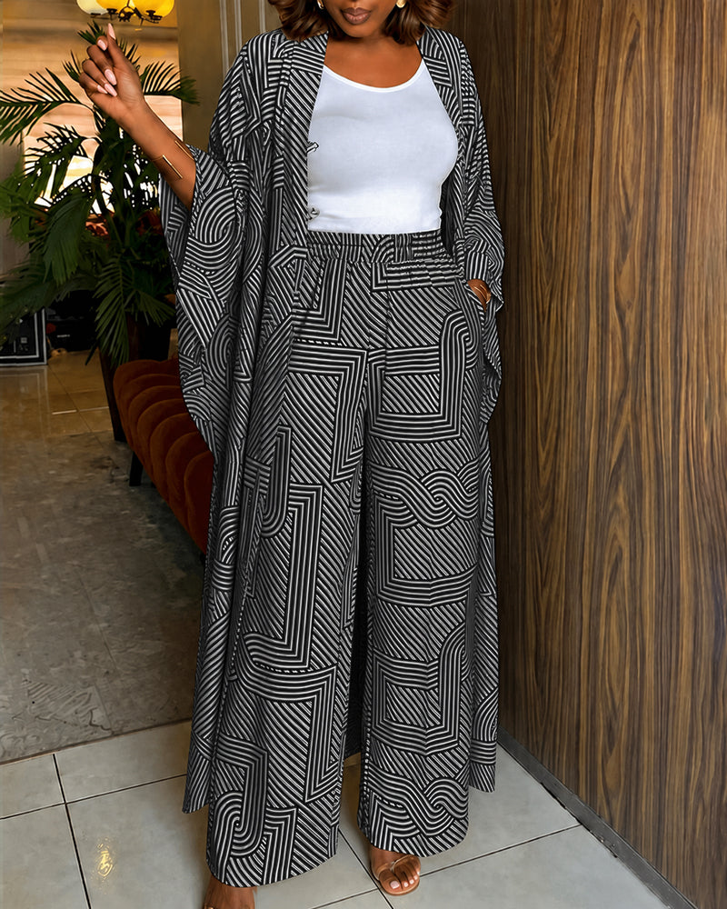 Women's Geometric Print 2 Piece Outfits Batwing Sleeve Loose Longline Coat and High Waisted Wide Leg Pants Set