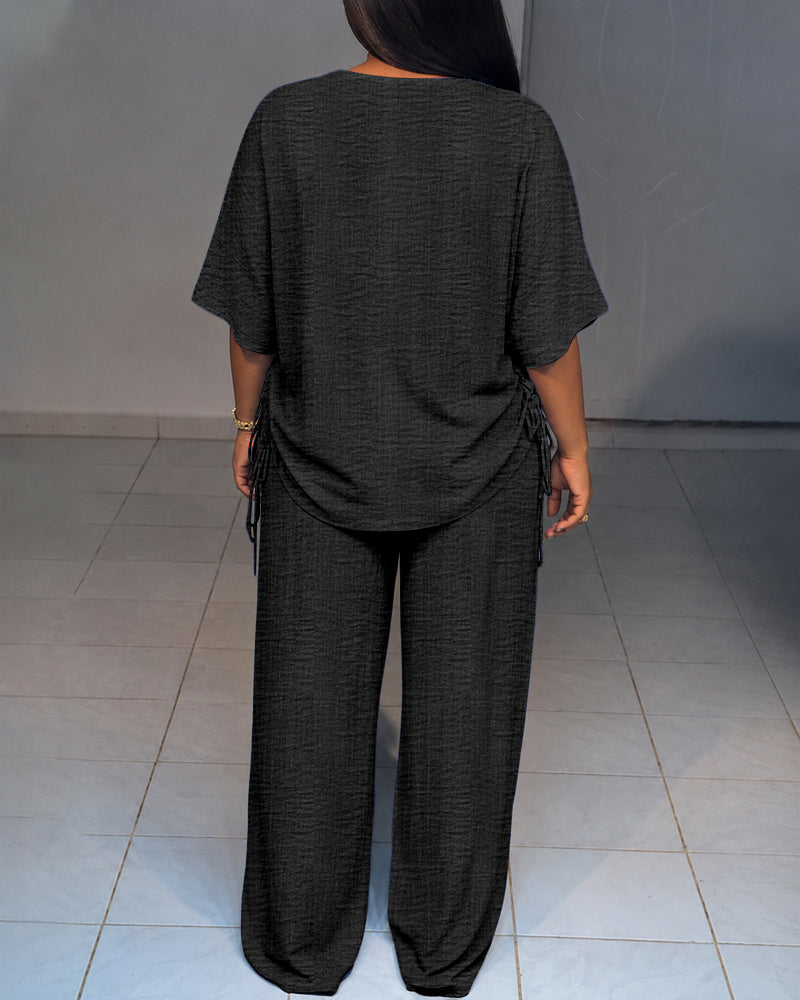 Women's Textured 2 Piece Outfits V Neck Drawstring Ruched Top and Wide Leg Pants Set Casual Loose Loungewear