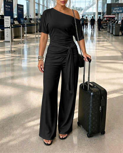 Women's Skew Neck 2 Piece Outfits Ruched Tie Waist Short Sleeve Top and High Waisted Wide Leg Pants Lounge Set