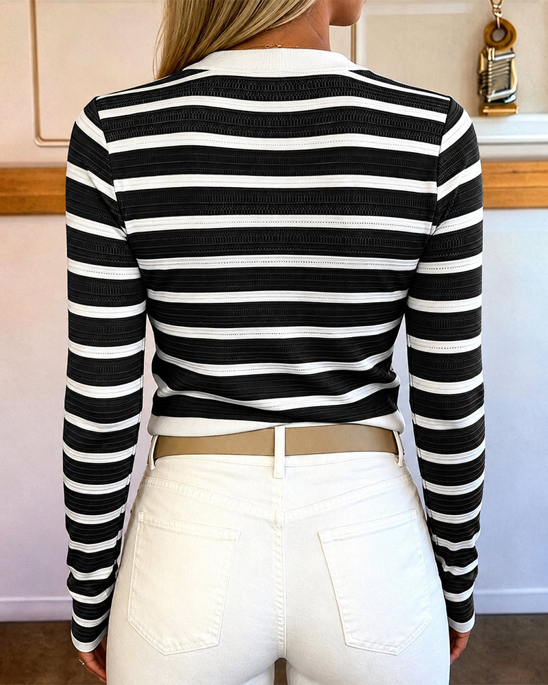 Women's Striped Knit Top Gold Button Long Sleeve Pullover Crewneck Slim Fit Knitwear Contrast Binding Sweater