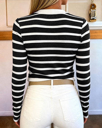 Women's Striped Knit Top Gold Button Long Sleeve Pullover Crewneck Slim Fit Knitwear Contrast Binding Sweater