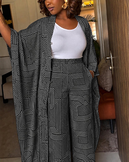 Women's Geometric Print 2 Piece Outfits Batwing Sleeve Loose Longline Coat and High Waisted Wide Leg Pants Set