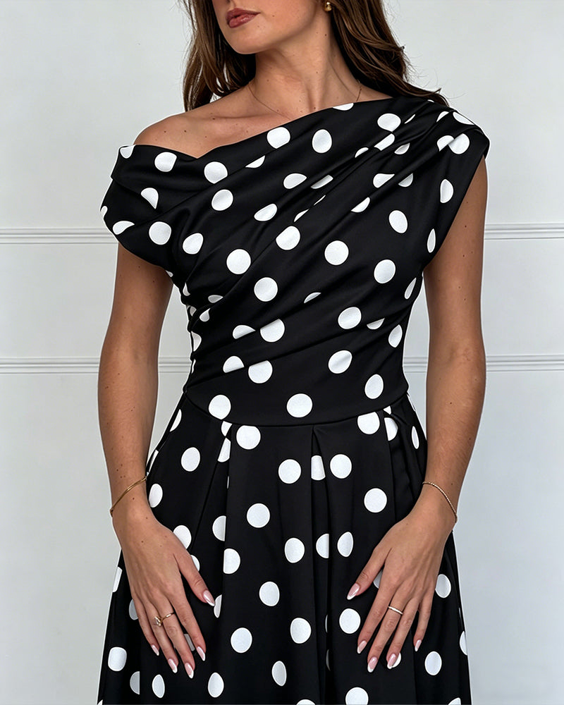 Women's Skew Neck Polka Dot Maxi Dress Ruched A-Line Swing Dress Elegant Party Cocktail Dress with Pockets