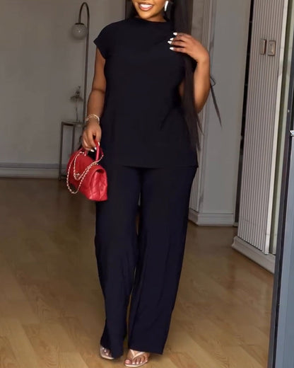 Women's 2 Piece Set Mock Neck Ruched Open Back Button Slit Top and Wide Leg Pants Casual Outfits with Pockets