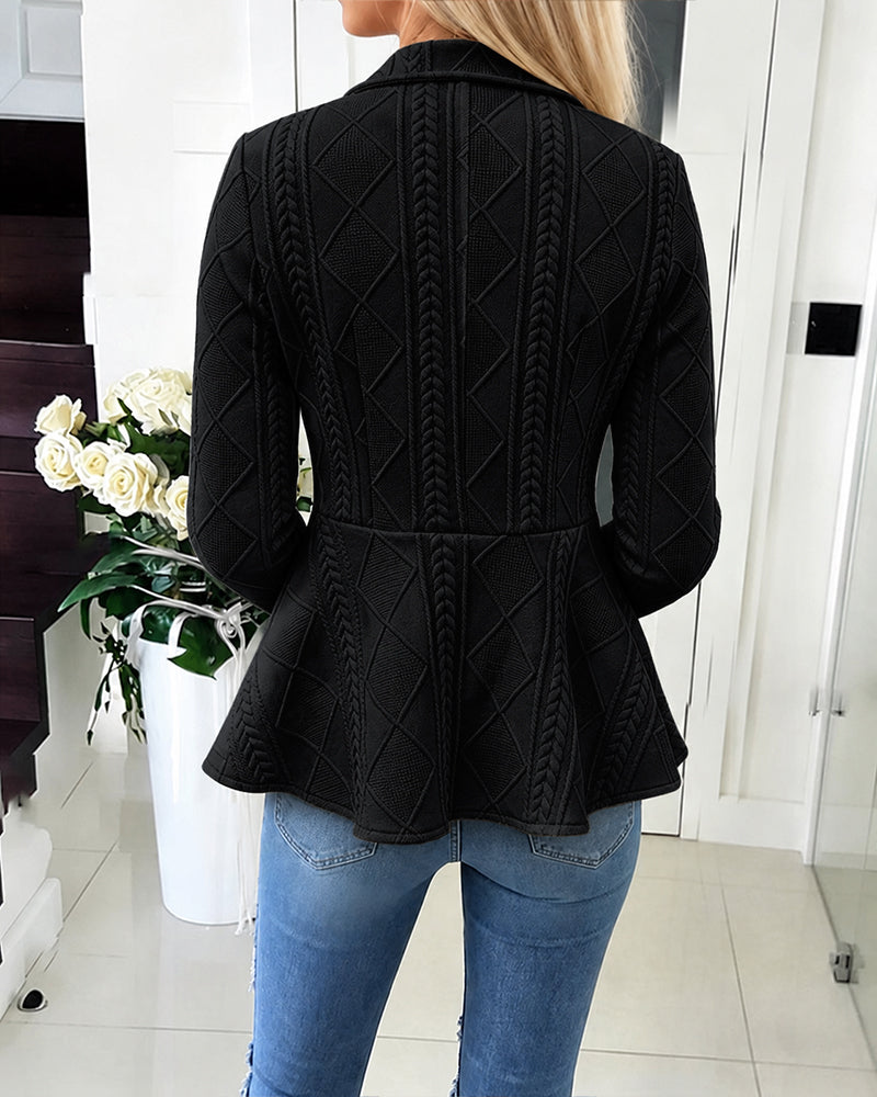 Women's Argyle Cable Knit Jacket Elegant Lapel Collar Gold Button Down Cardigan Ruffle Hem Long Sleeve Coat