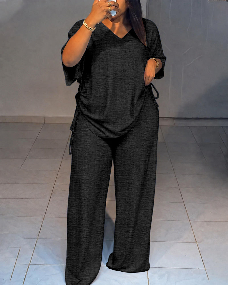 Women's Textured 2 Piece Outfits V Neck Drawstring Ruched Top and Wide Leg Pants Set Casual Loose Loungewear