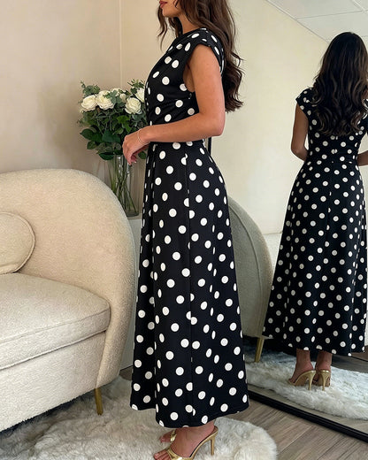 Women's Skew Neck Polka Dot Maxi Dress Ruched A-Line Swing Dress Elegant Party Cocktail Dress with Pockets
