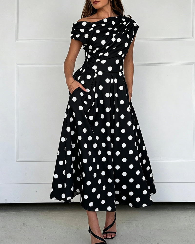 Women's Skew Neck Polka Dot Maxi Dress Ruched A-Line Swing Dress Elegant Party Cocktail Dress with Pockets
