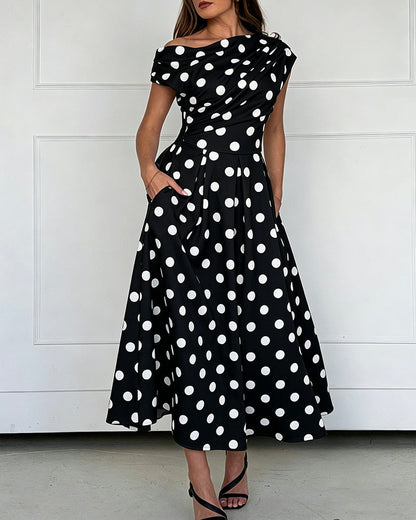 Women's Skew Neck Polka Dot Maxi Dress Ruched A-Line Swing Dress Elegant Party Cocktail Dress with Pockets