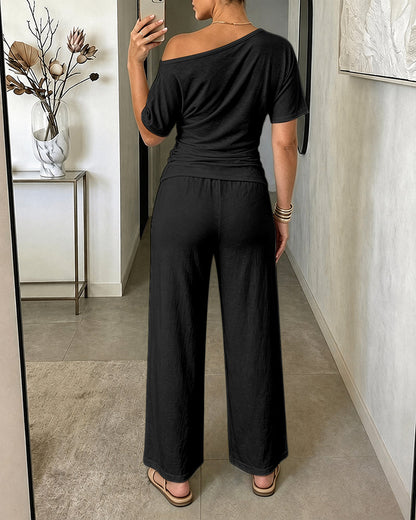 Women's Skew Neck 2 Piece Outfits Ruched Tie Waist Short Sleeve Top and High Waisted Wide Leg Pants Lounge Set