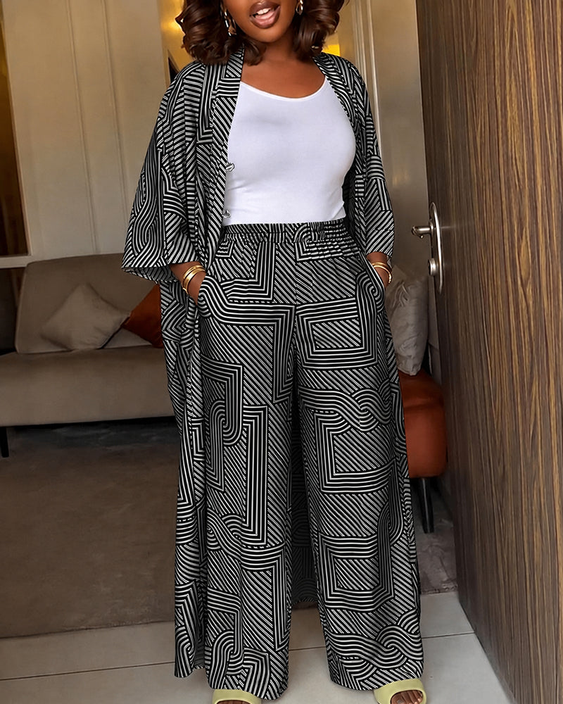 Women's Geometric Print 2 Piece Outfits Batwing Sleeve Loose Longline Coat and High Waisted Wide Leg Pants Set