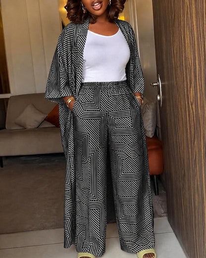 Women's Geometric Print 2 Piece Outfits Batwing Sleeve Loose Longline Coat and High Waisted Wide Leg Pants Set