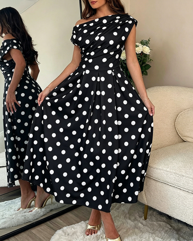 Women's Skew Neck Polka Dot Maxi Dress Ruched A-Line Swing Dress Elegant Party Cocktail Dress with Pockets