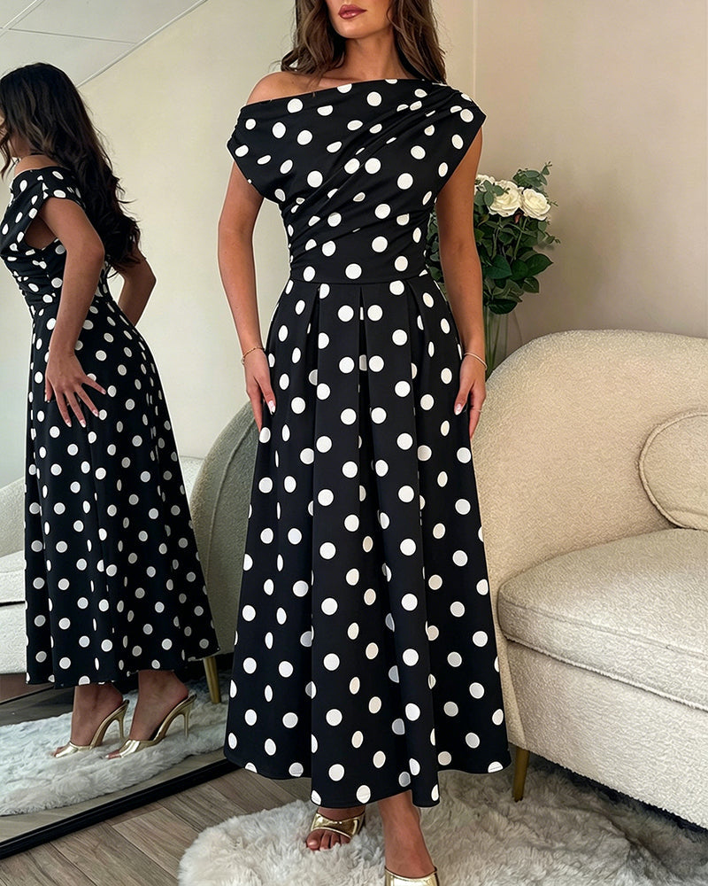 Women's Skew Neck Polka Dot Maxi Dress Ruched A-Line Swing Dress Elegant Party Cocktail Dress with Pockets