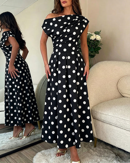 Women's Skew Neck Polka Dot Maxi Dress Ruched A-Line Swing Dress Elegant Party Cocktail Dress with Pockets