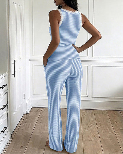 Women's 2 Piece Lace Trim Stripe Lounge Set Sleeveless Tank Top and Wide Leg Pants Set Rib Knit Pajamas Set with Pockets